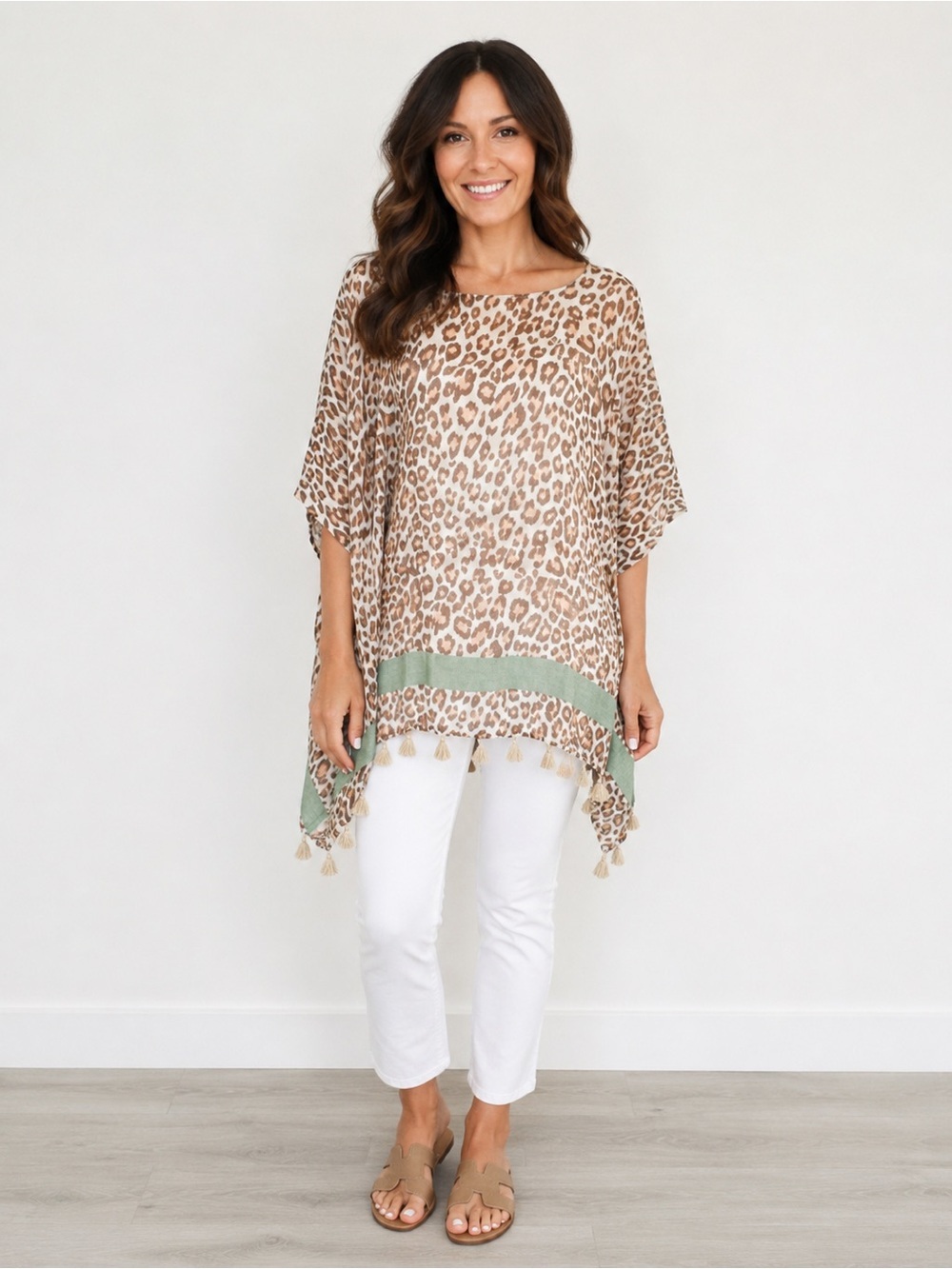 Demdaco Linen Blend Leopard Print Tassel Poncho One Size NWT